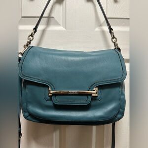 COACH K1394-F27481 Taylor Teal Leather Flap Shoulder Bag w Crossbody EUC